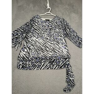 Bob Mackie Animal‎ Print Blouse Black Blue Side Tie Split Sleeve Lined Large L